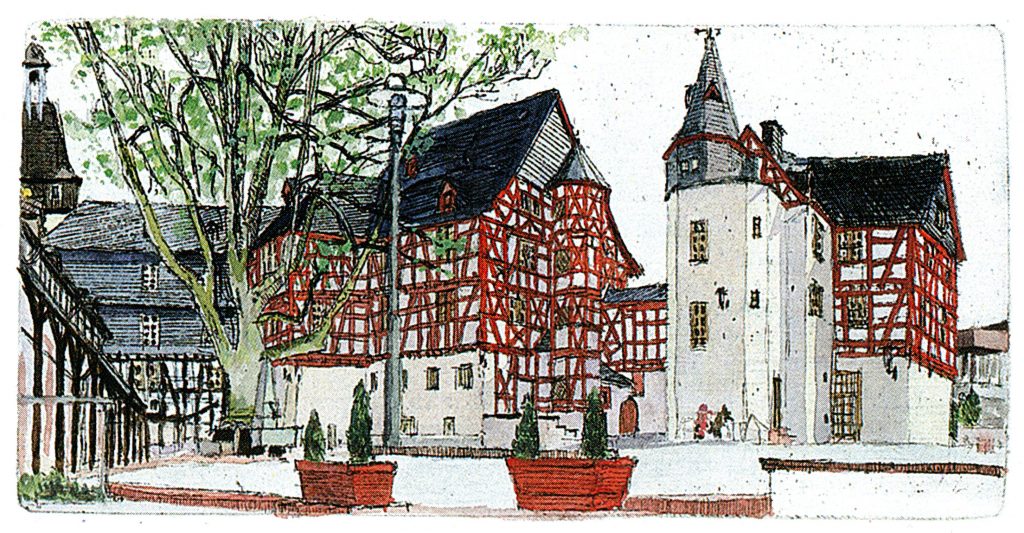Amthof Bad Camberg auf einer aquarellierten Radierung von Klaus Panzner