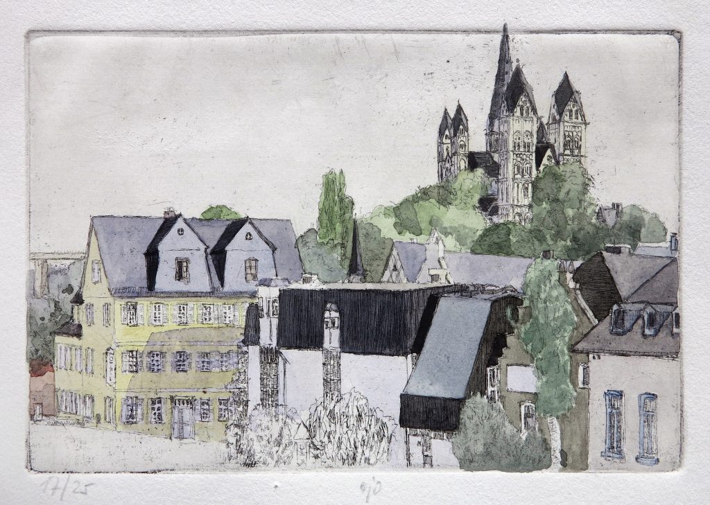 Limburger Dom auf einer aquarellierten Radierung von Klaus Panzner